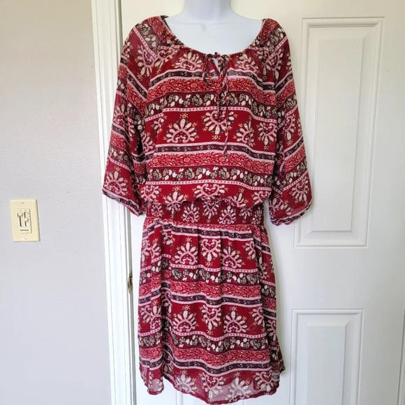 Calvin Klein Boho Red Print 3/4 Sleeve Gathered Waist Sheer Lined Dress Size M - Picture 1 of 12